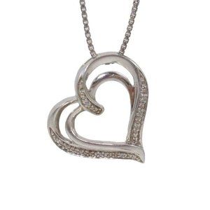 Sterling Silver Natural Diamond Accent Heart Pendant Box Chain Necklace 24"